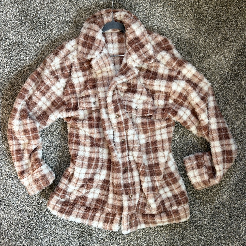 Cold Crush Brown and Cream Plaid Teddy Jacket